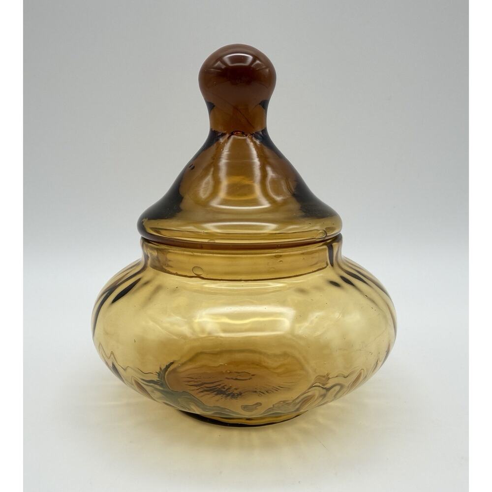 Empoli Amber Glass Apothecary Jar Candy Dish 5.5” Circus Tent Lid MCM Italy
